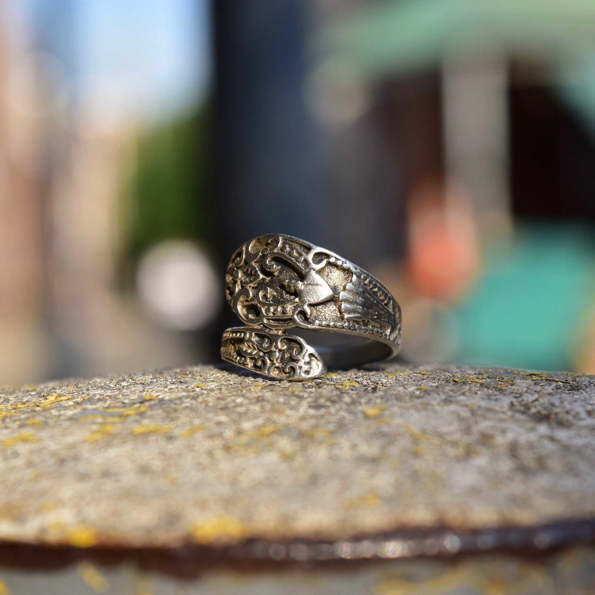 Ornate Sterling Silver Snake Spoon Ring, Engraved Silver Wrap Ring, Flora Motifs, Art Nouveau Revival, 925 Stacking Ring, Size 7 US