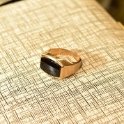 14K Yellow Gold Black Onyx Signet Ring, Sleek Modernist Unisex Gold Ring, Satin & Polished Finish, Size 8 3/4 US