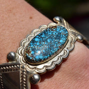 Vintage Sterling Silver Spider Web Turquoise Cuff Bracelet, Engraved Silver Cuff, Bright Blue Turquoise Stone, Southwestern Style, 5 1/2" L