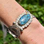 Vintage Sterling Silver Spider Web Turquoise Cuff Bracelet, Engraved Silver Cuff, Bright Blue Turquoise Stone, Southwestern Style, 5 1/2" L