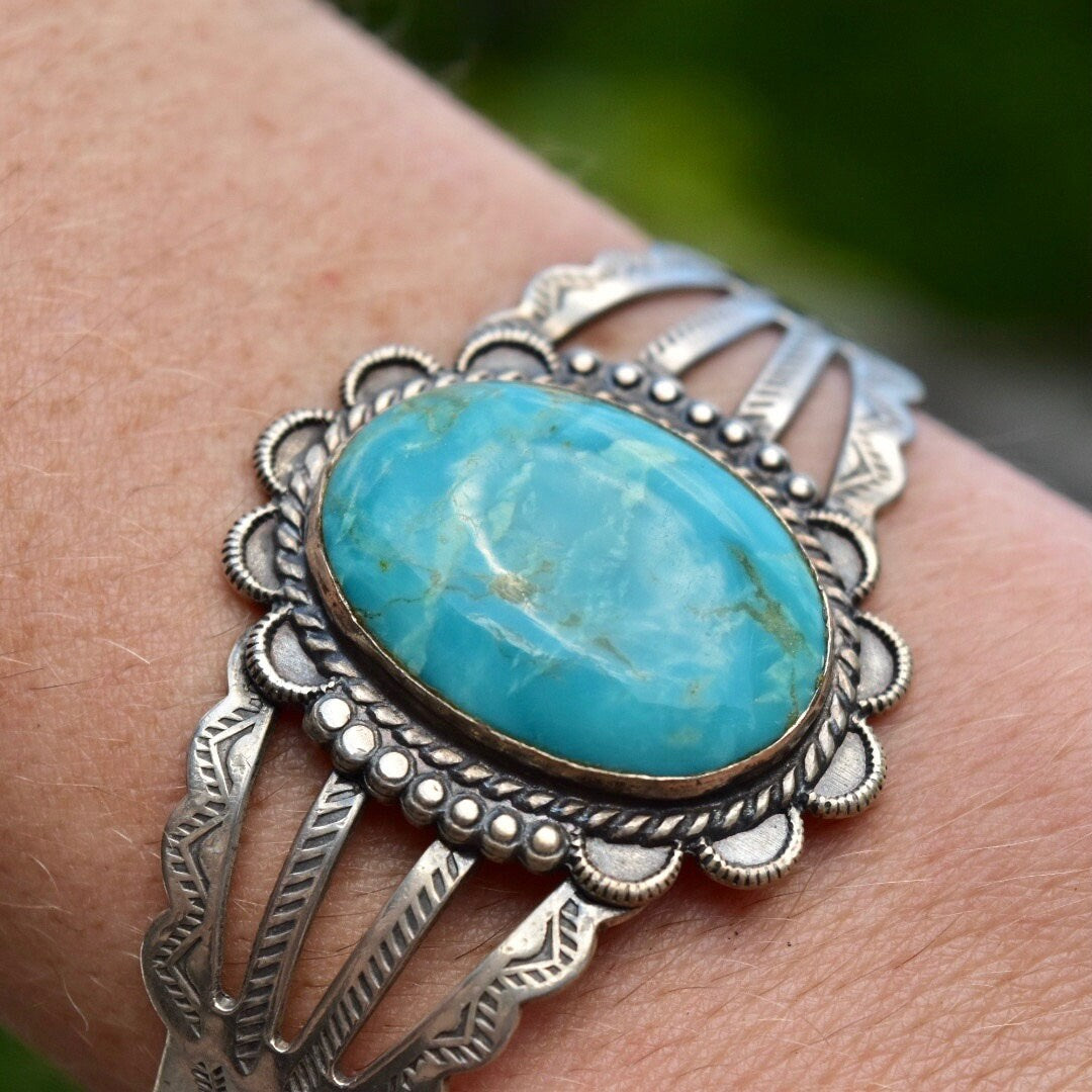 Vintage Sterling Silver Turquoise Cuff Bracelet, Cut Out and Engraved Sterling Silver Cuff, Adjustable Cutout Cuff, Southwestern Style