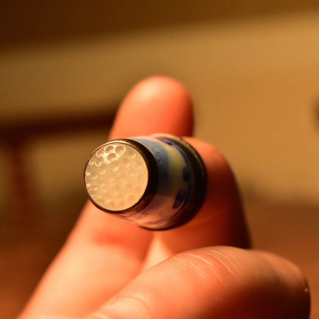 Antique Dutch Delft Sterling Thimble with Blue & White Enamel, Stippled Glass Top, Gilt Silver, Sewing Collectibles, Size 6