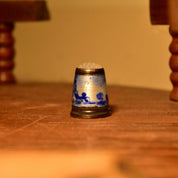Antique Dutch Delft Sterling Thimble with Blue & White Enamel, Stippled Glass Top, Gilt Silver, Sewing Collectibles, Size 6