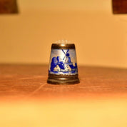Antique Dutch Delft Sterling Thimble with Blue & White Enamel, Stippled Glass Top, Gilt Silver, Sewing Collectibles, Size 6