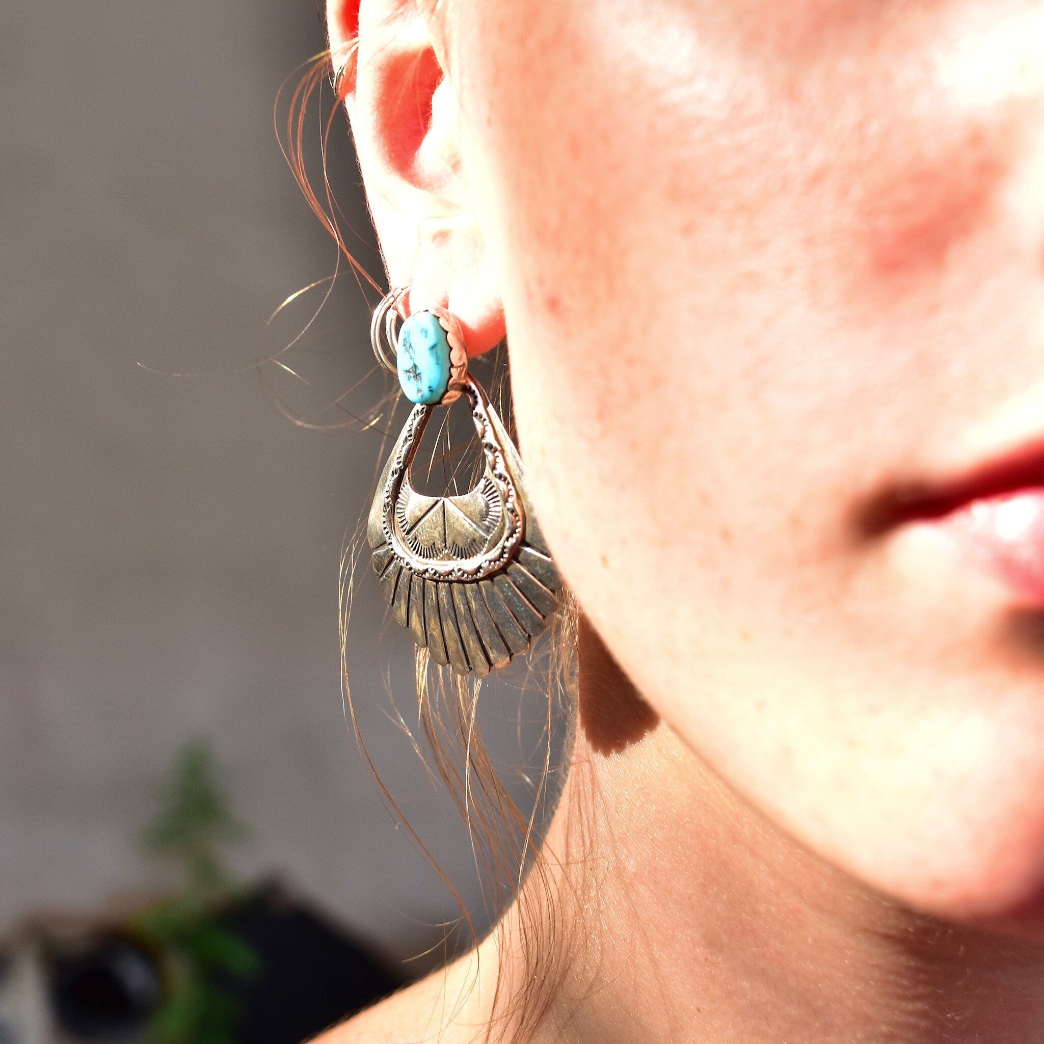 Vintage Chunky Sterling Silver Turquoise Dangle Earrings, Hinged Silver Stud Earrings, Turquoise Gemstone, Statement Earrings, 51.5mm L