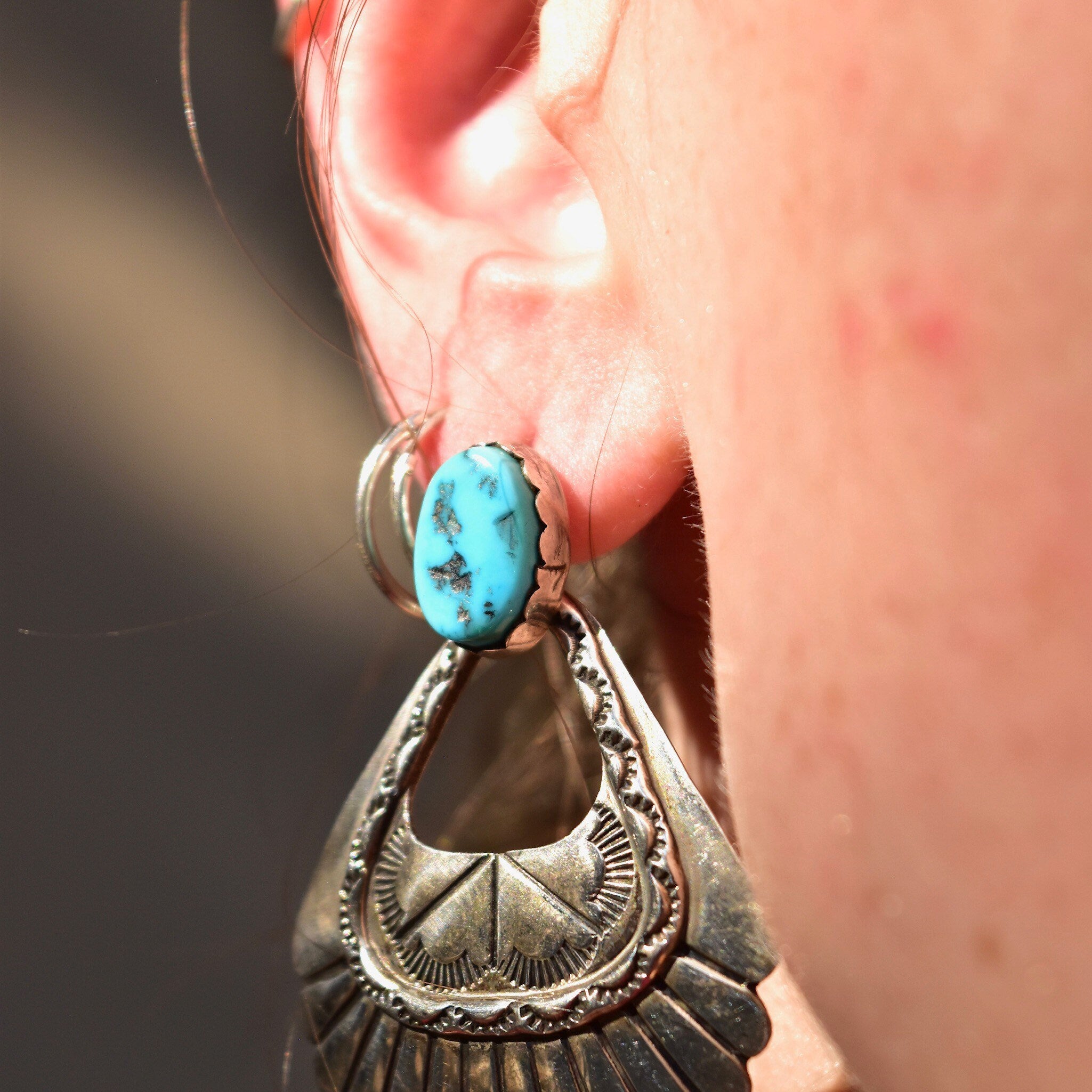 Vintage Chunky Sterling Silver Turquoise Dangle Earrings, Hinged Silver Stud Earrings, Turquoise Gemstone, Statement Earrings, 51.5mm L