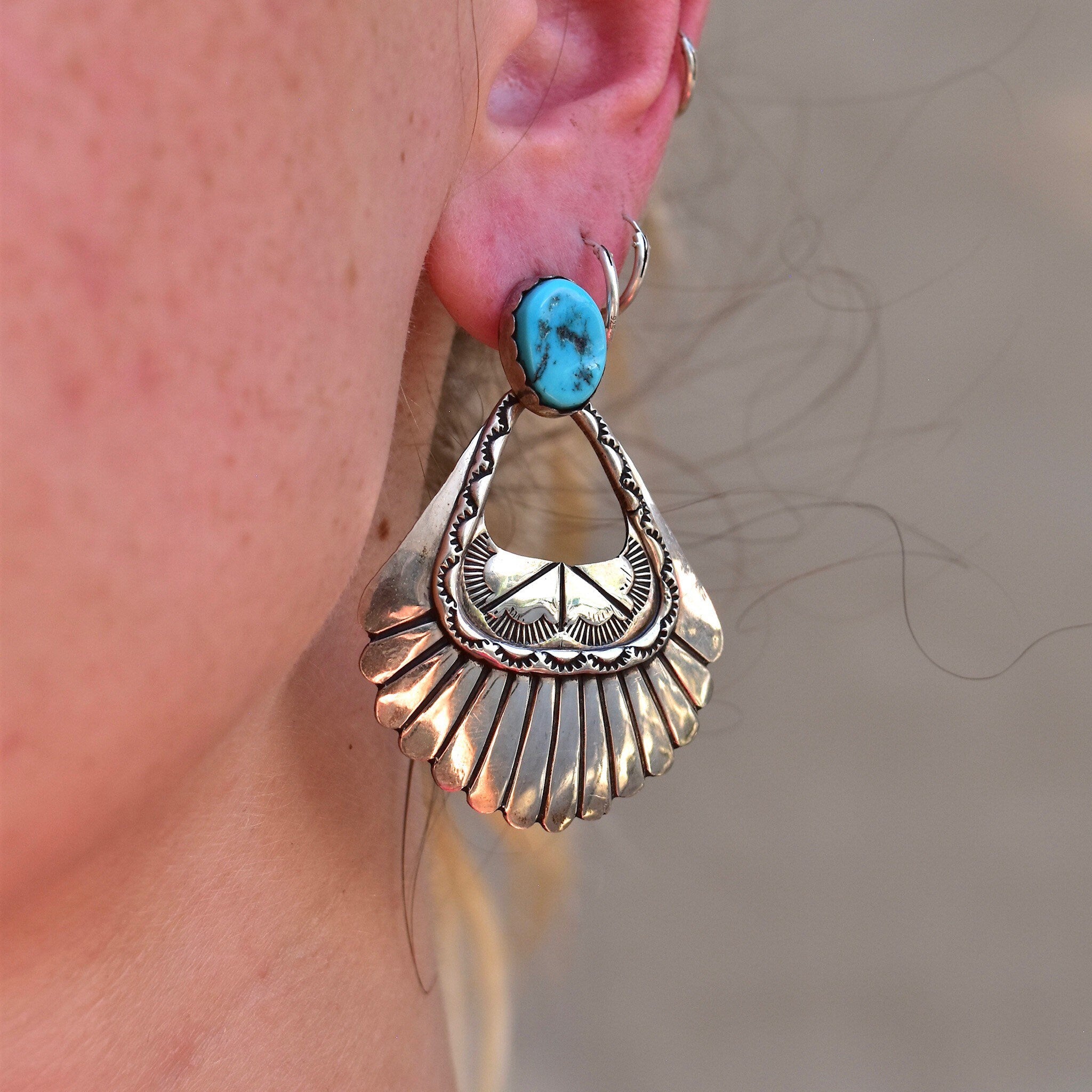 Vintage Chunky Sterling Silver Turquoise Dangle Earrings, Hinged Silver Stud Earrings, Turquoise Gemstone, Statement Earrings, 51.5mm L