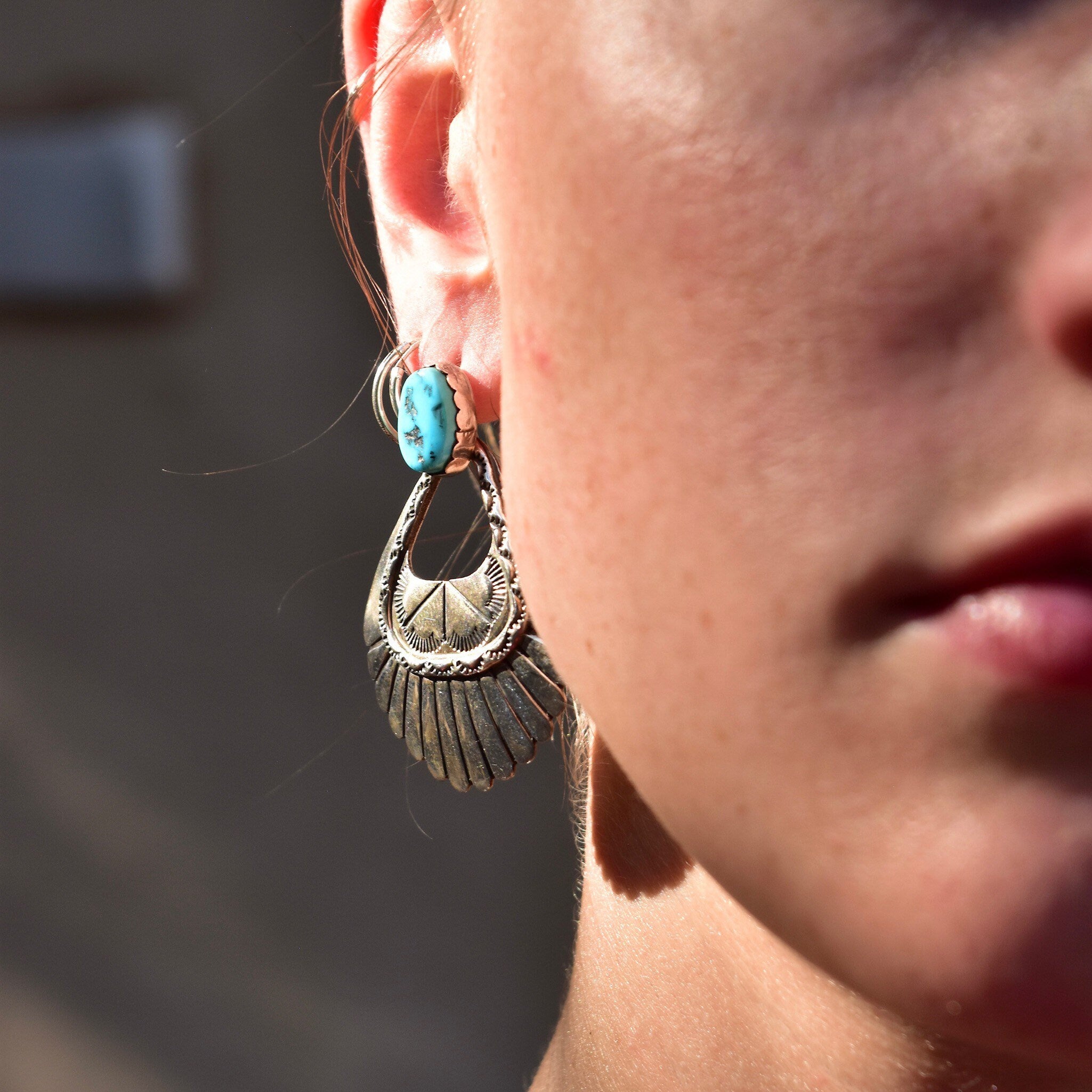 Vintage Chunky Sterling Silver Turquoise Dangle Earrings, Hinged Silver Stud Earrings, Turquoise Gemstone, Statement Earrings, 51.5mm L