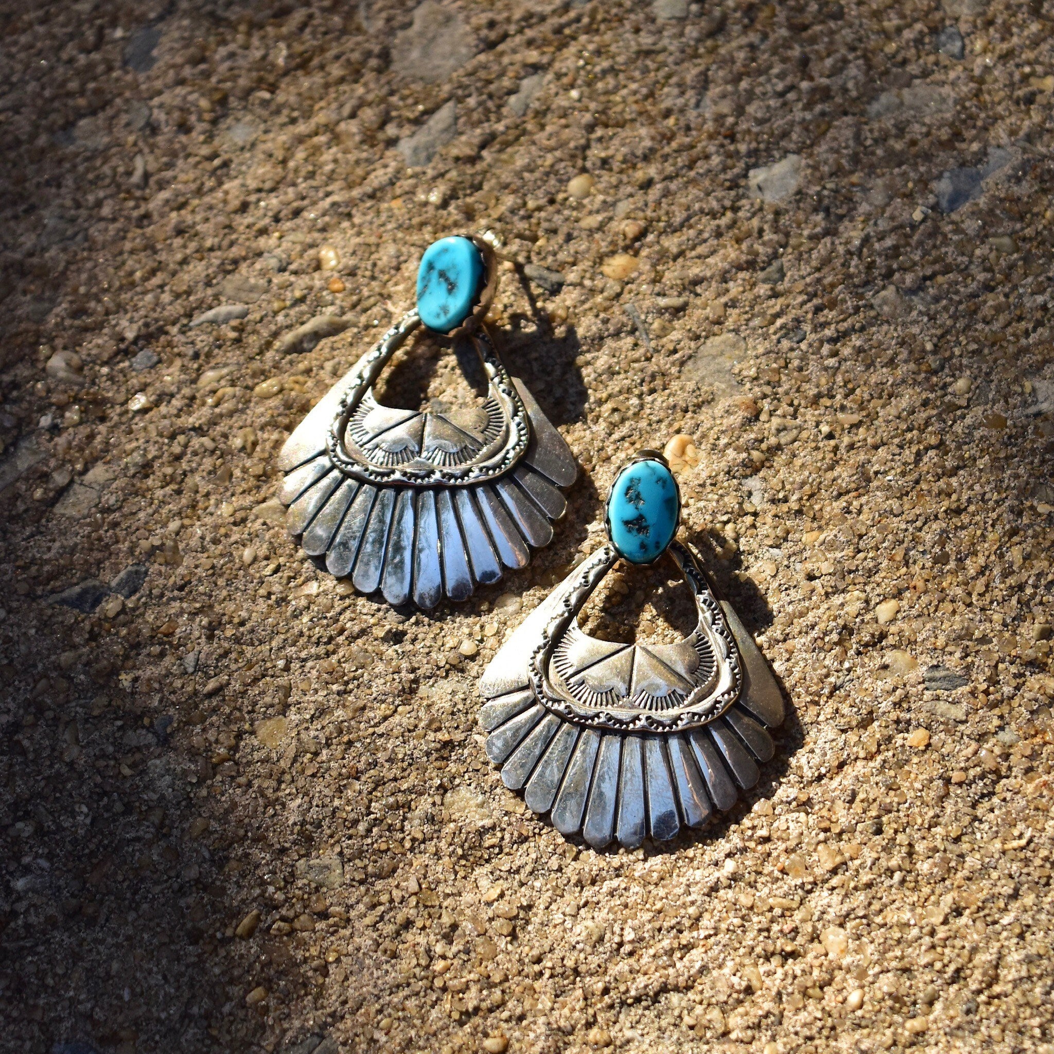 Vintage Chunky Sterling Silver Turquoise Dangle Earrings, Hinged Silver Stud Earrings, Turquoise Gemstone, Statement Earrings, 51.5mm L