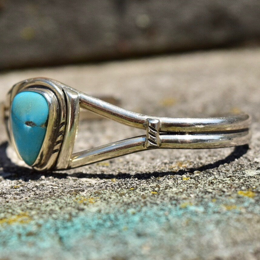 Vintage Native American Turquoise & Silver Cuff Bracelet, Turquoise Cuff With Engraved Silver Details, Adjustable Cuff, Old Pawn Jewelry