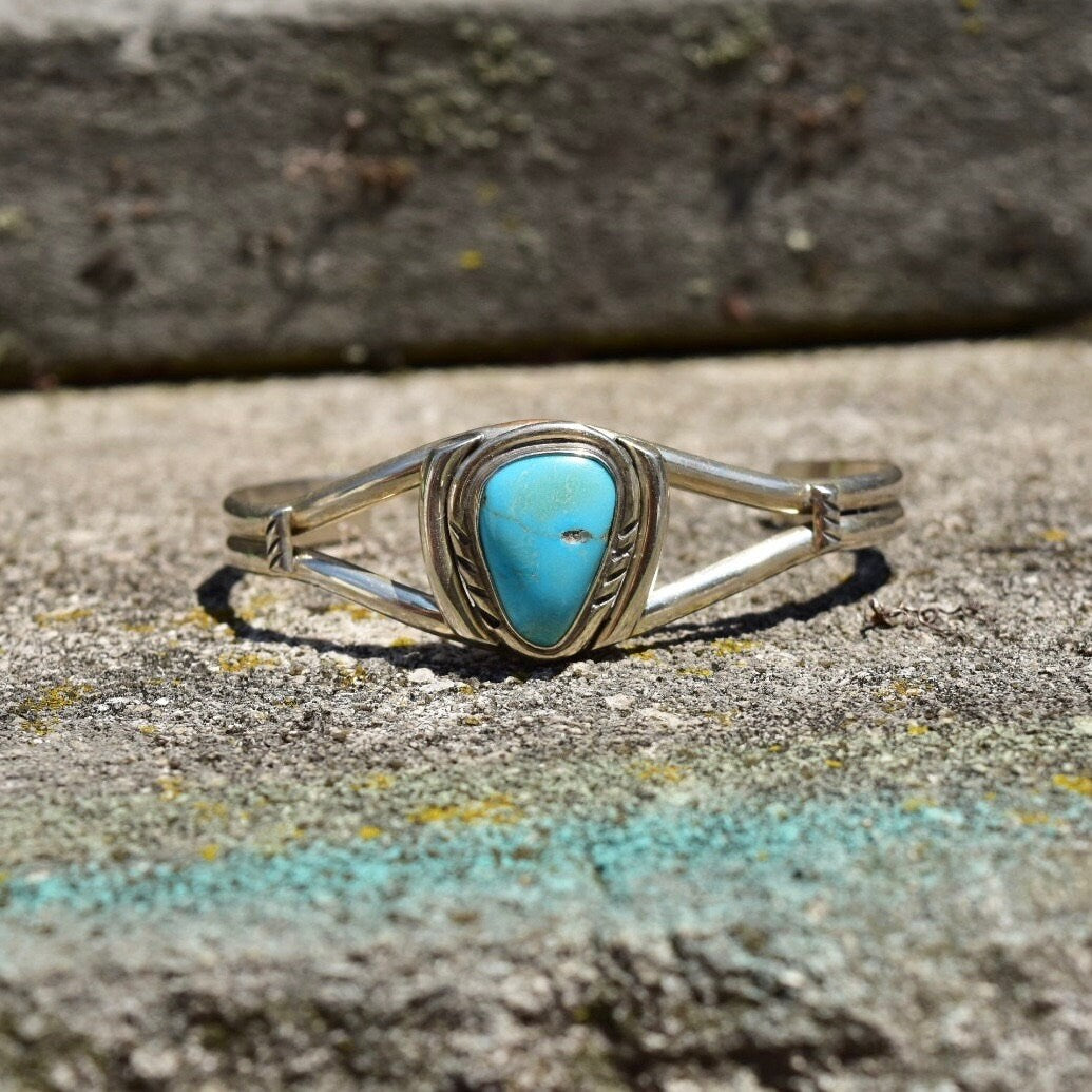 Vintage Native American Turquoise & Silver Cuff Bracelet, Turquoise Cuff With Engraved Silver Details, Adjustable Cuff, Old Pawn Jewelry