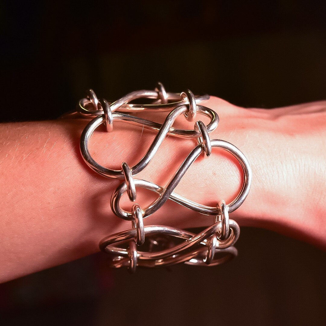 Modernist Sterling Silver Loopy Link Cuff Bracelet, Wide Articulated Silver Wire Toggle Bracelet, 7 3/4" L