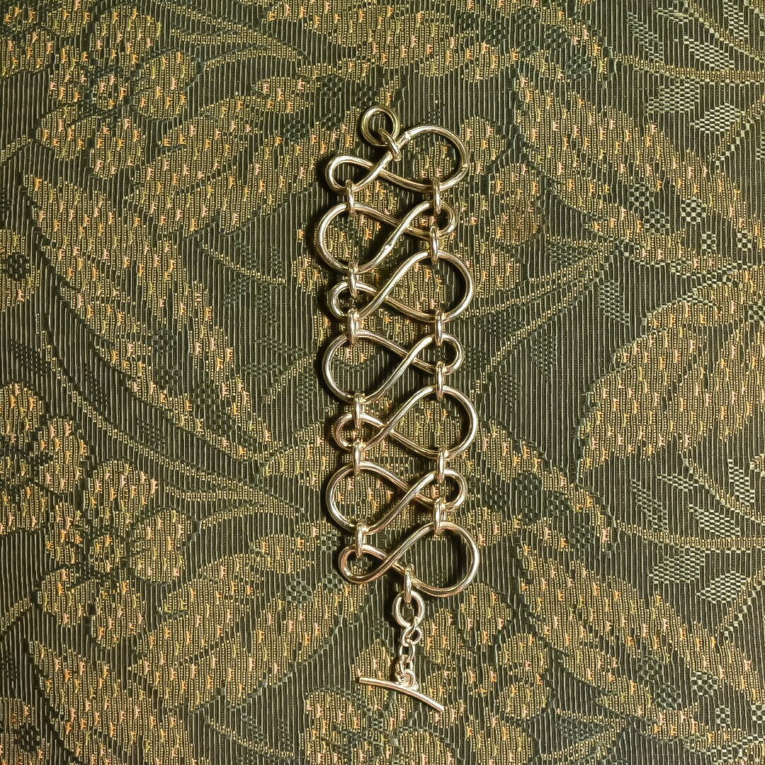 Modernist Sterling Silver Loopy Link Cuff Bracelet, Wide Articulated Silver Wire Toggle Bracelet, 7 3/4" L