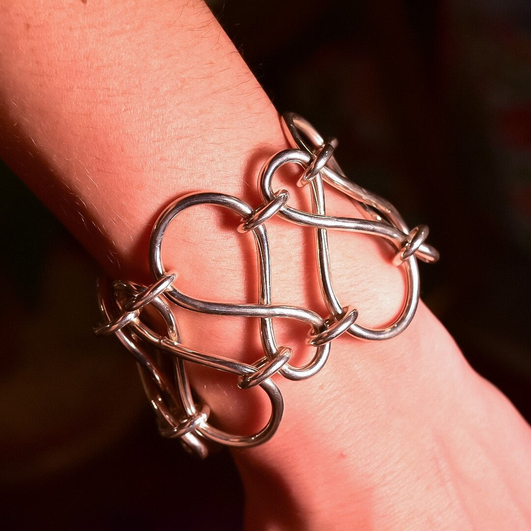 Modernist Sterling Silver Loopy Link Cuff Bracelet, Wide Articulated Silver Wire Toggle Bracelet, 7 3/4" L