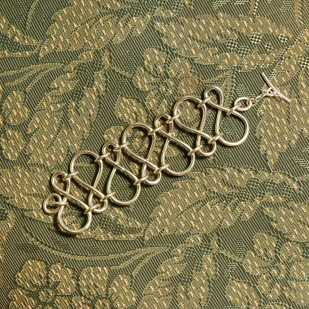 Modernist Sterling Silver Loopy Link Cuff Bracelet, Wide Articulated Silver Wire Toggle Bracelet, 7 3/4" L