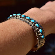 Vintage Signed  Sterling Silver Snake Turquoise Turquoise Cuff Bracelet, Chiseled Silver Cuff, R. Tom Sterling, Native American, 5 7/8