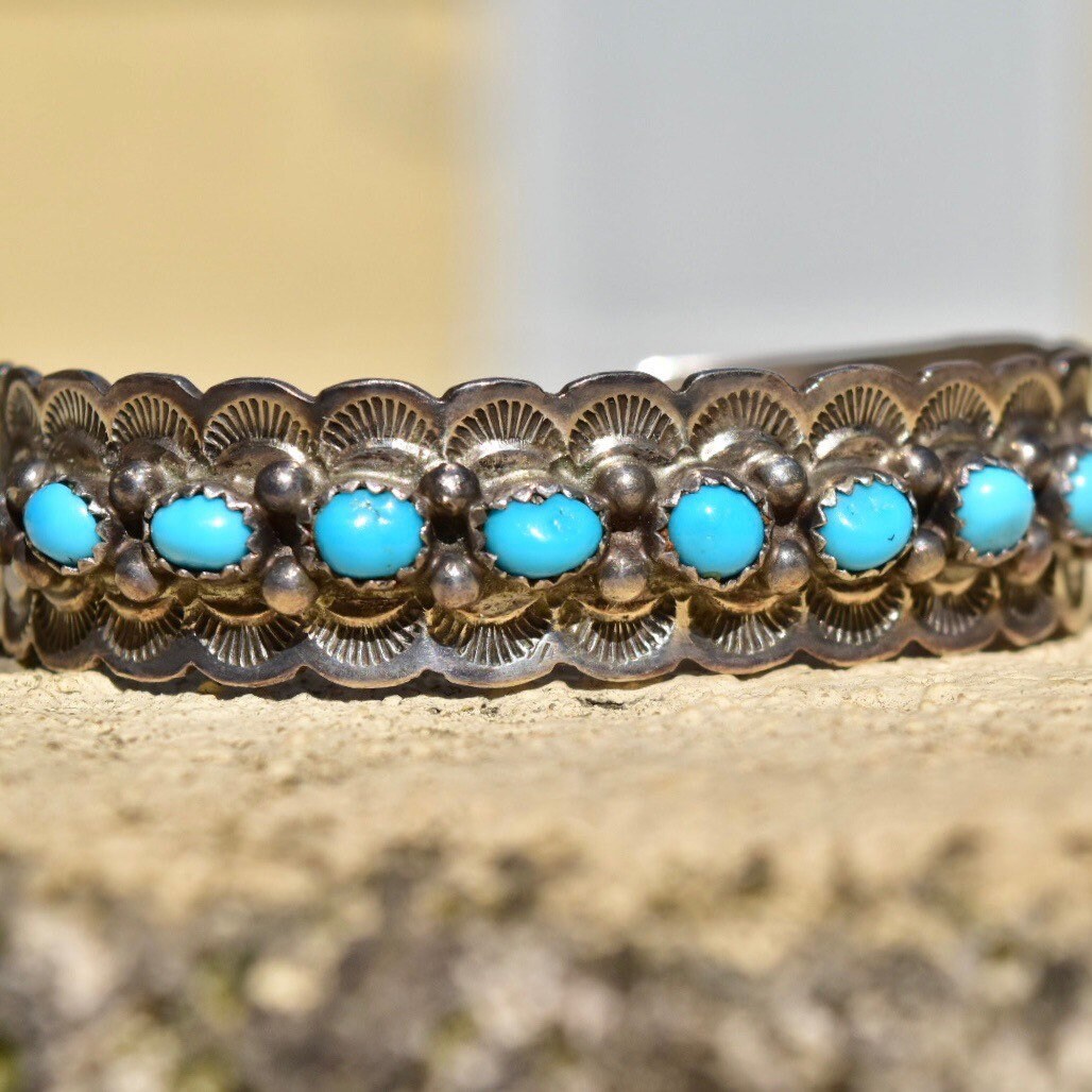 Vintage Signed  Sterling Silver Snake Turquoise Turquoise Cuff Bracelet, Chiseled Silver Cuff, R. Tom Sterling, Native American, 5 7/8