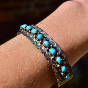Vintage Signed  Sterling Silver Snake Turquoise Turquoise Cuff Bracelet, Chiseled Silver Cuff, R. Tom Sterling, Native American, 5 7/8