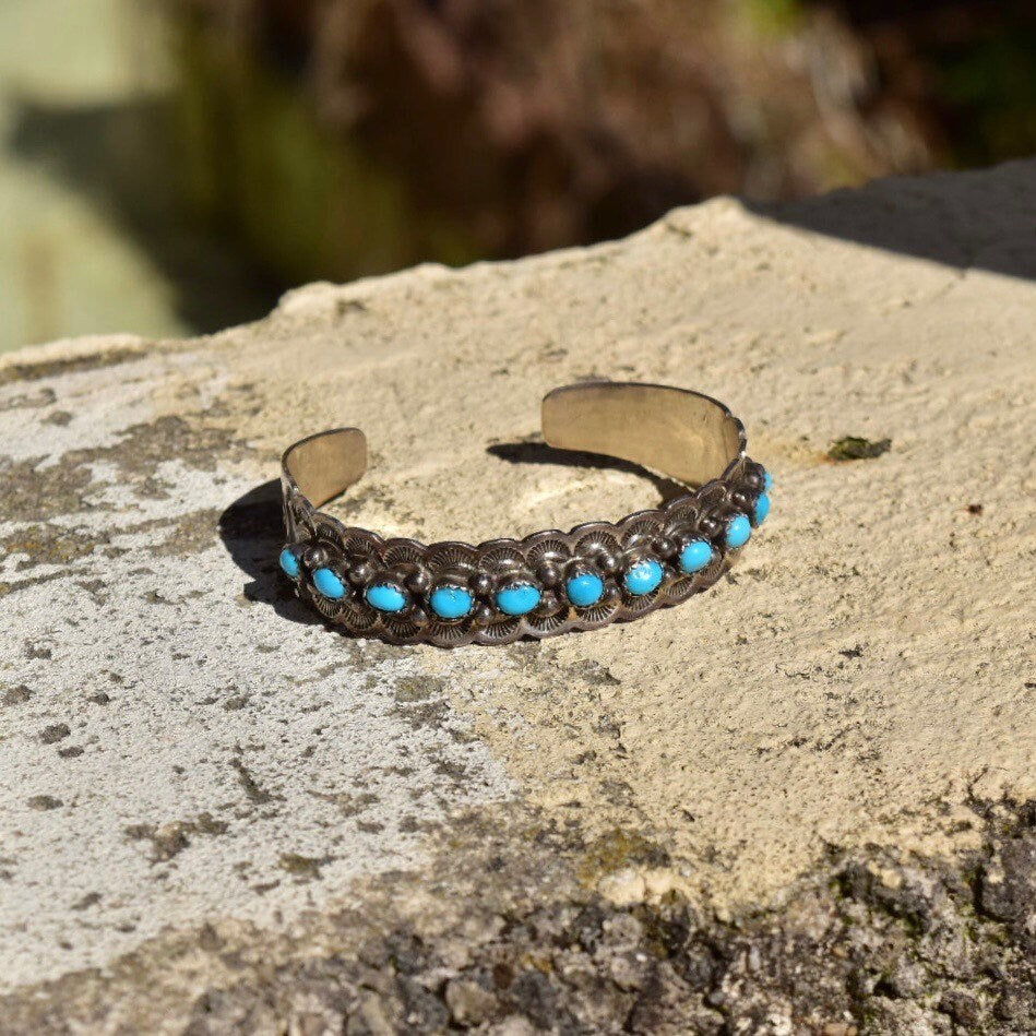 Vintage Signed  Sterling Silver Snake Turquoise Turquoise Cuff Bracelet, Chiseled Silver Cuff, R. Tom Sterling, Native American, 5 7/8