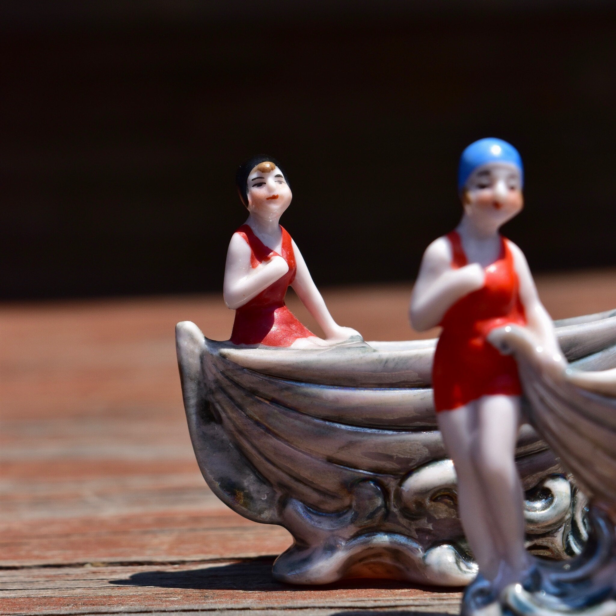 Japanese Lusterware Porcelain Salt & Pepper Boats W/ Ladies In Retro Swimwear, Cute Mini Sugar Bowls, Vintage Dinnerware Collectibles