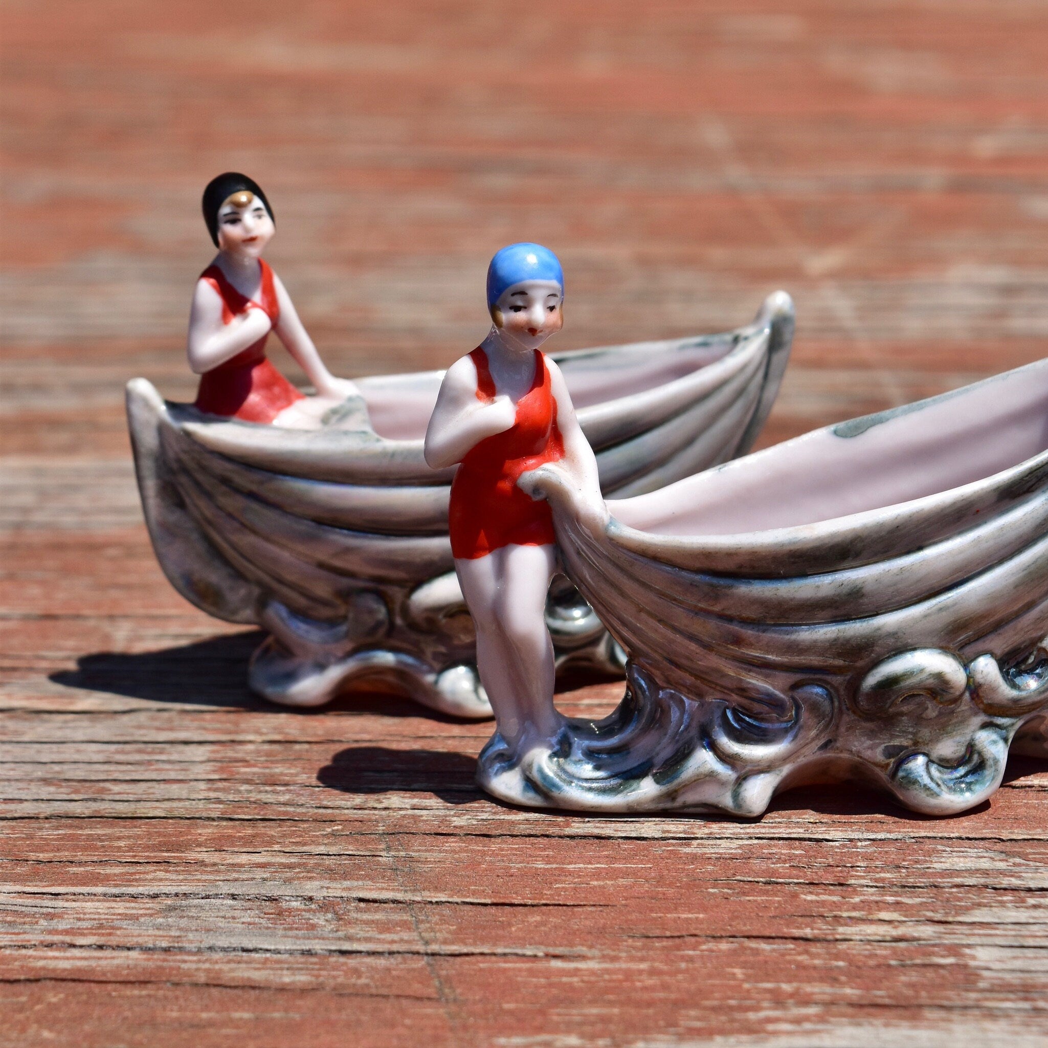 Japanese Lusterware Porcelain Salt & Pepper Boats W/ Ladies In Retro Swimwear, Cute Mini Sugar Bowls, Vintage Dinnerware Collectibles