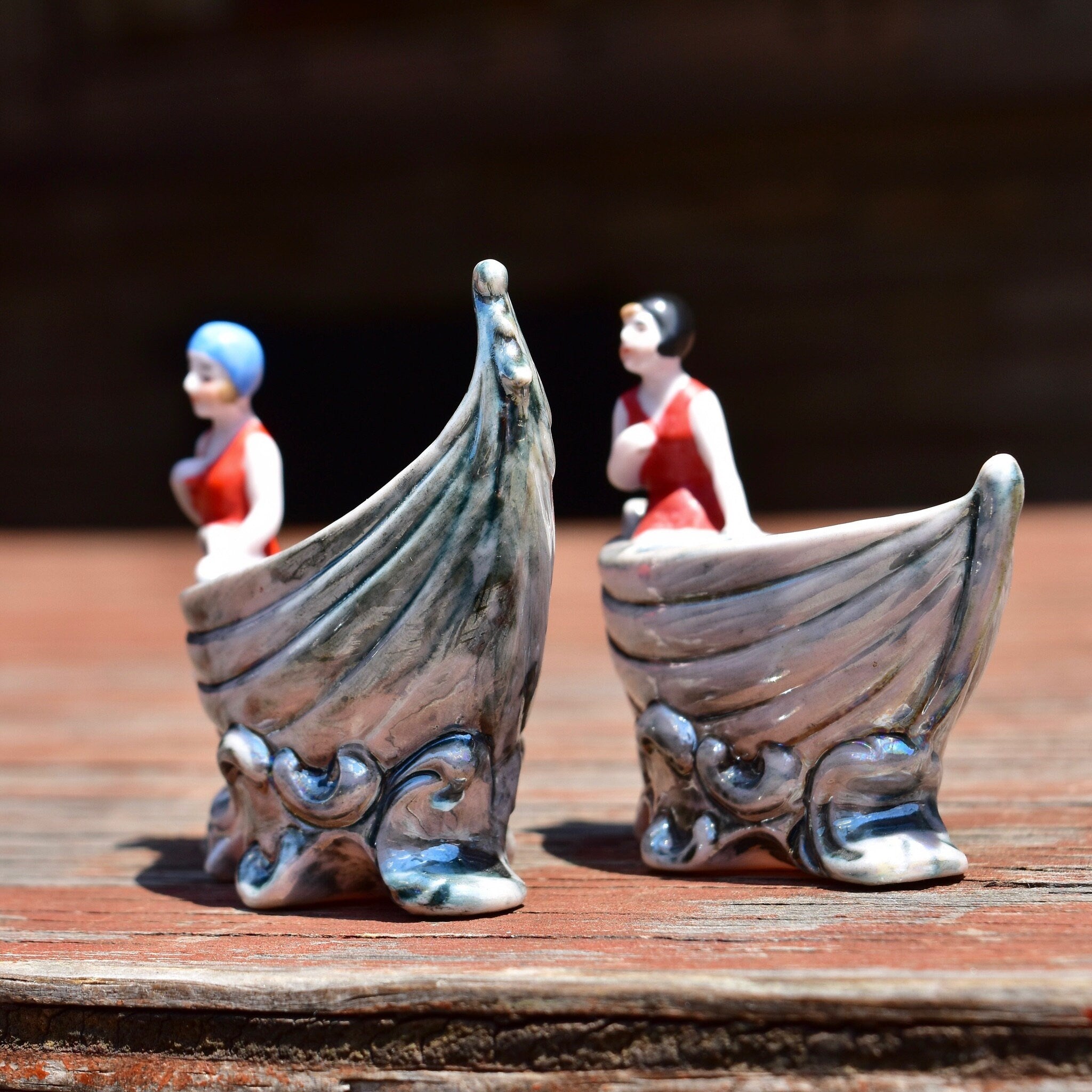 Japanese Lusterware Porcelain Salt & Pepper Boats W/ Ladies In Retro Swimwear, Cute Mini Sugar Bowls, Vintage Dinnerware Collectibles