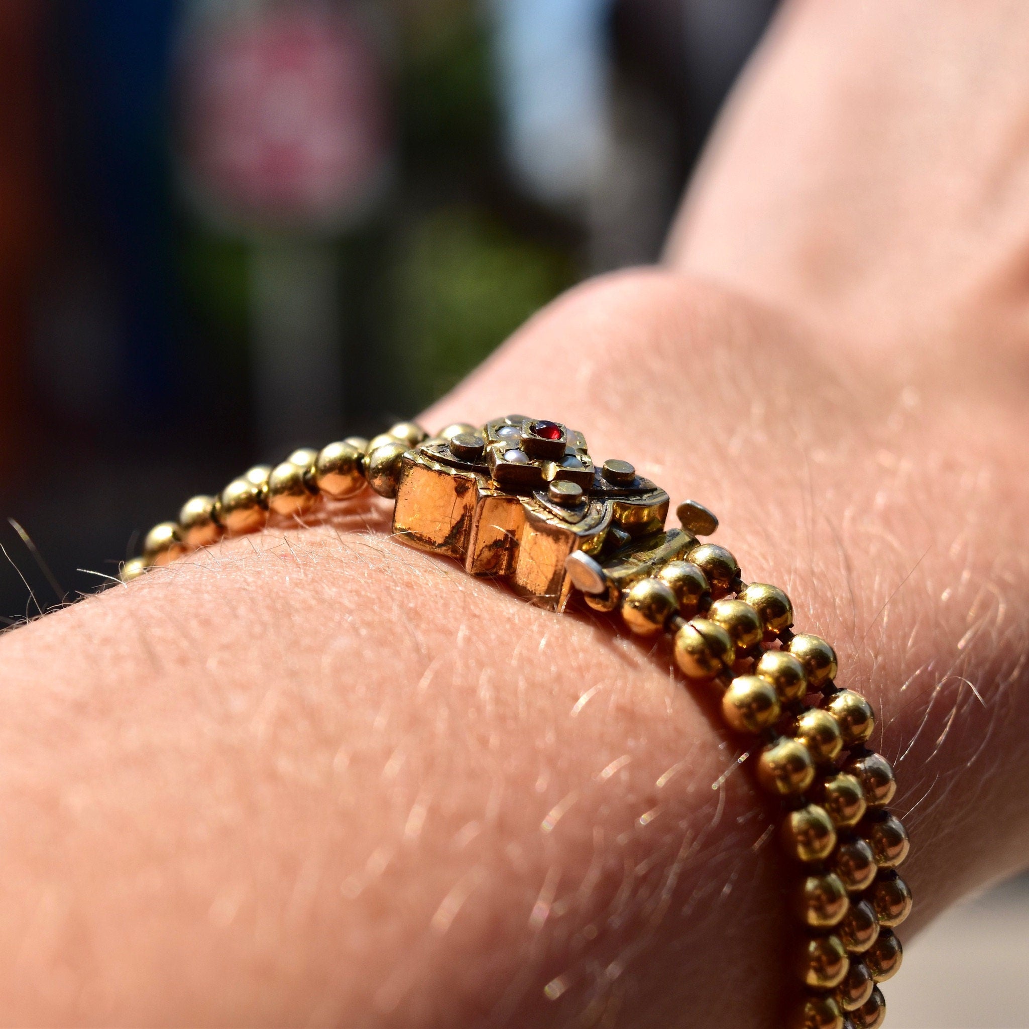 Victorian 10K Gold Triple-Strand Beaded Bracelet W/ Ornate Garnet Seed Pearl Box Clasp, Antique Mourning Jewelry, 6 3/4" L