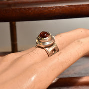 Modernist Sterling Silver Amber Cabochon Ring, Chunky Silver Gemstone Ring, Square Cutout Band, Size 6 1/2 US