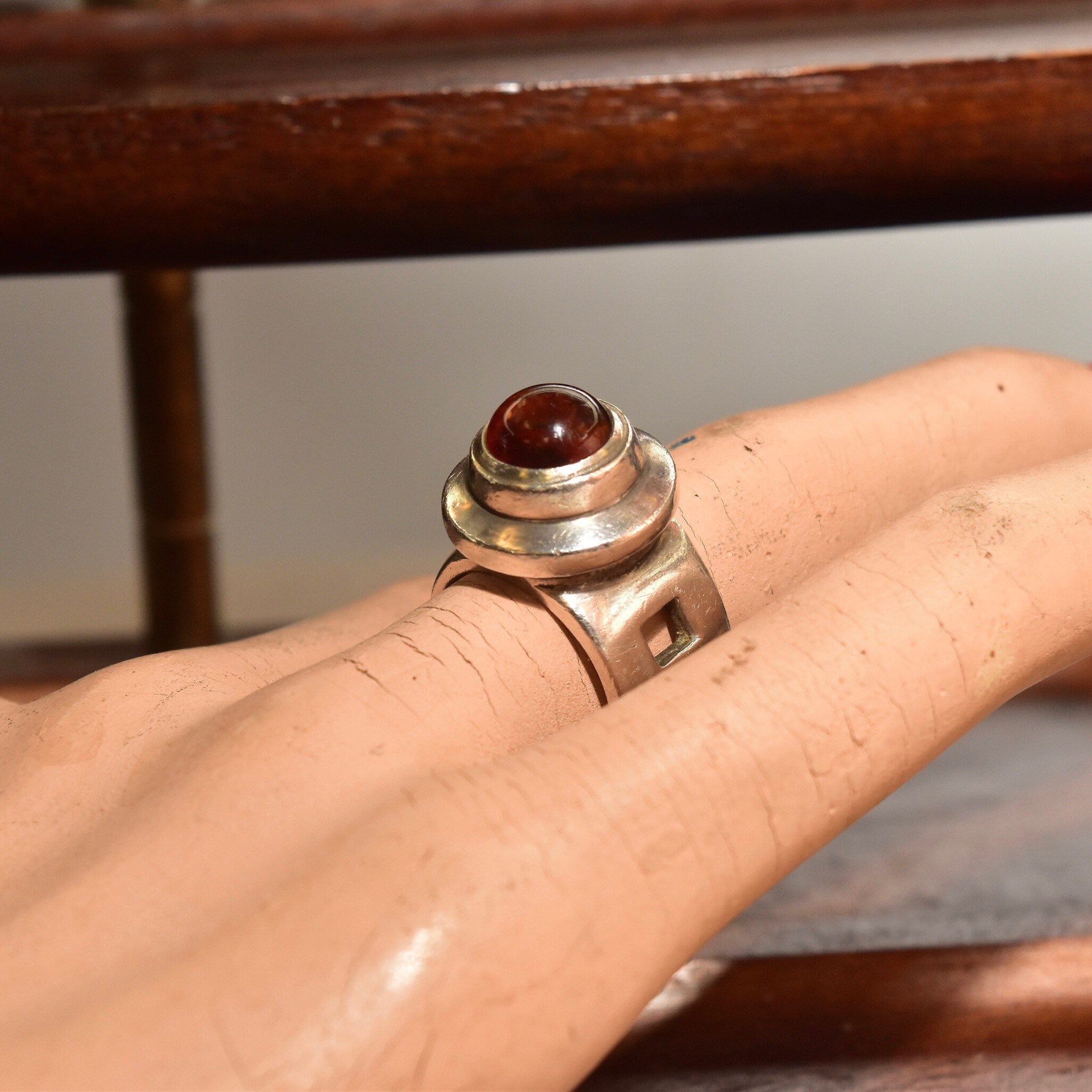 Modernist Sterling Silver Amber Cabochon Ring, Chunky Silver Gemstone Ring, Square Cutout Band, Size 6 1/2 US