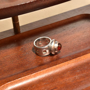 Modernist Sterling Silver Amber Cabochon Ring, Chunky Silver Gemstone Ring, Square Cutout Band, Size 6 1/2 US