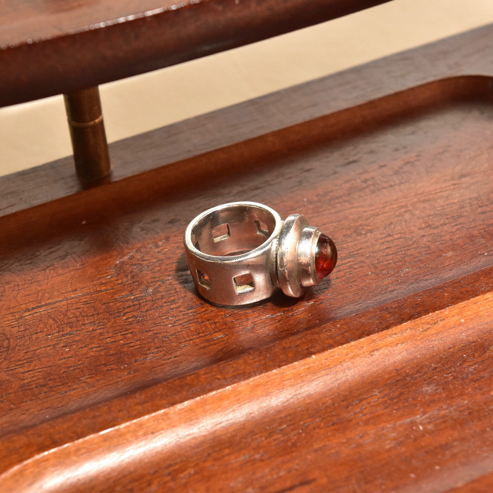 Modernist Sterling Silver Amber Cabochon Ring, Chunky Silver Gemstone Ring, Square Cutout Band, Size 6 1/2 US