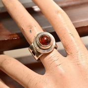 Modernist Sterling Silver Amber Cabochon Ring, Chunky Silver Gemstone Ring, Square Cutout Band, Size 6 1/2 US