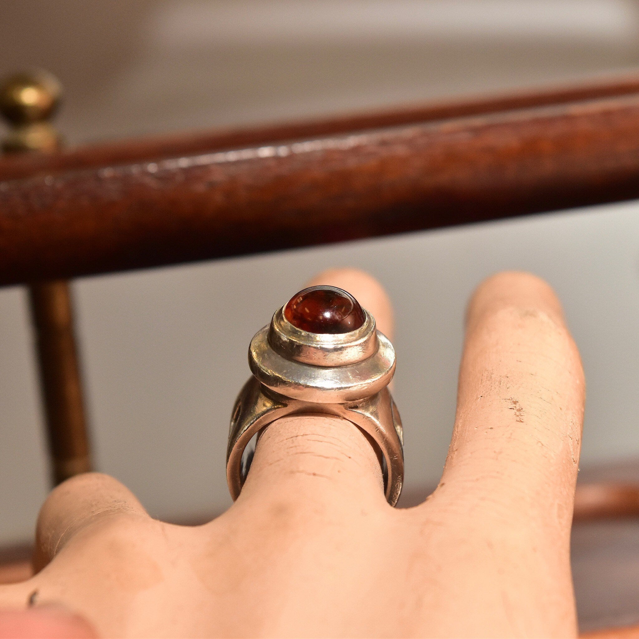 Modernist Sterling Silver Amber Cabochon Ring, Chunky Silver Gemstone Ring, Square Cutout Band, Size 6 1/2 US