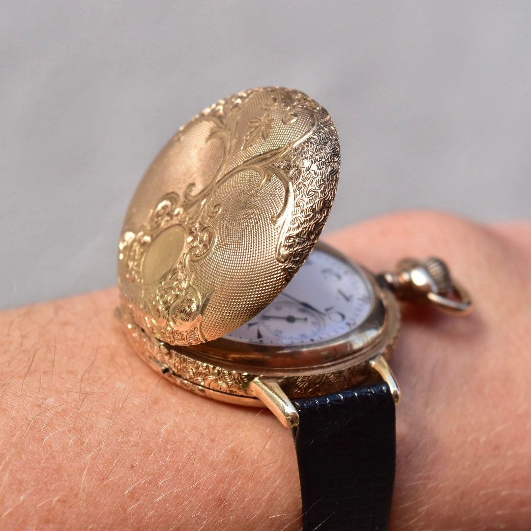 1901 Waltham 14K Gold Pocket Watch Converted Ladies Wristwatch, Engine Turned Engraved Hunter-Case, Black Lizard Skin Wristband