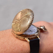 1901 Waltham 14K Gold Pocket Watch Converted Ladies Wristwatch, Engine Turned Engraved Hunter-Case, Black Lizard Skin Wristband