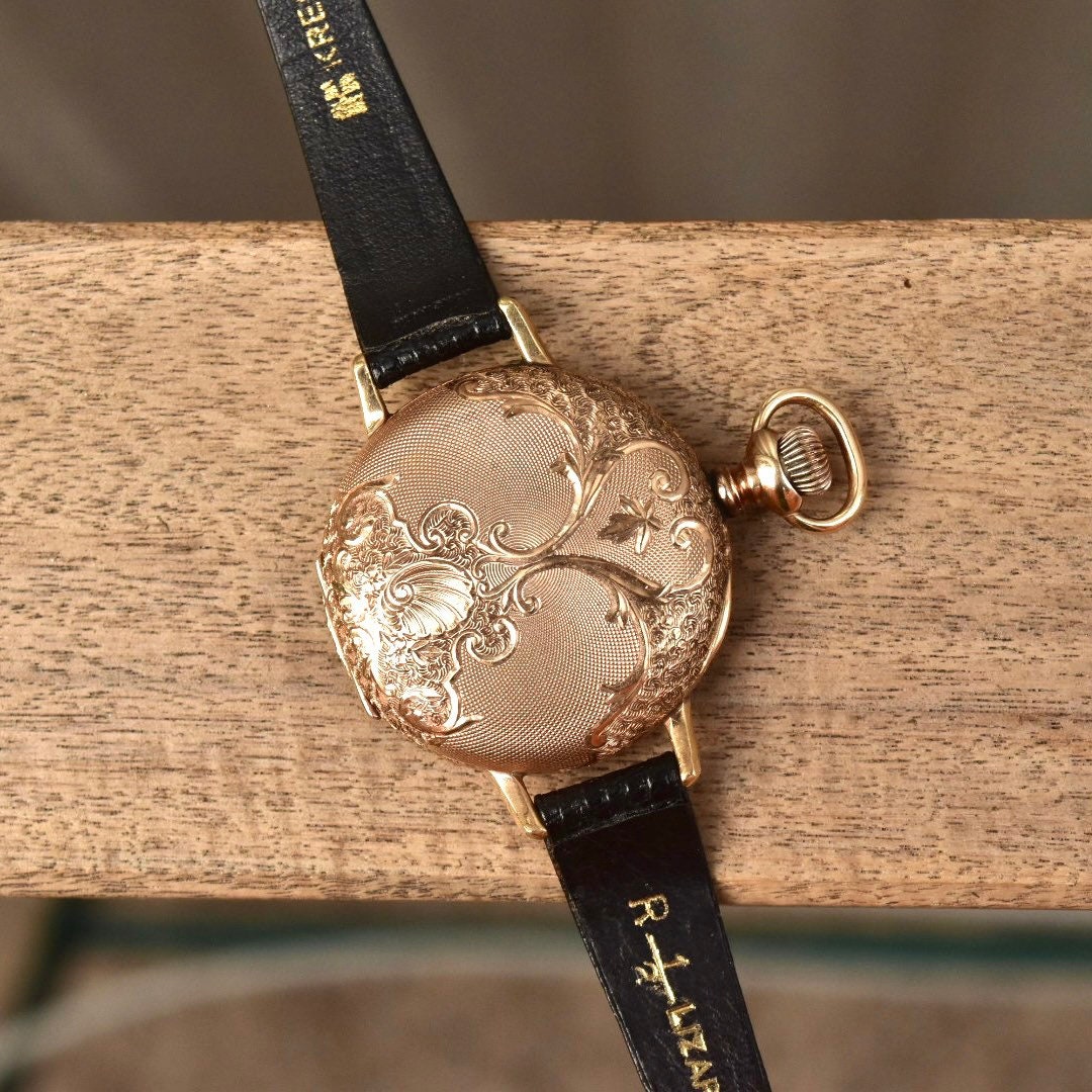 1901 Waltham 14K Gold Pocket Watch Converted Ladies Wristwatch, Engine Turned Engraved Hunter-Case, Black Lizard Skin Wristband
