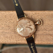 1901 Waltham 14K Gold Pocket Watch Converted Ladies Wristwatch, Engine Turned Engraved Hunter-Case, Black Lizard Skin Wristband