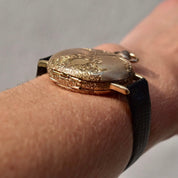 1901 Waltham 14K Gold Pocket Watch Converted Ladies Wristwatch, Engine Turned Engraved Hunter-Case, Black Lizard Skin Wristband
