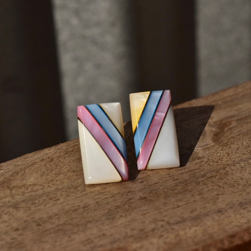 Iridescent Mother of Pearl Sterling Silver Stud Earrings, Striped Pink, Blue, Yellow Mother of Pearl Shell Inlay, Mexico 950, 21mm