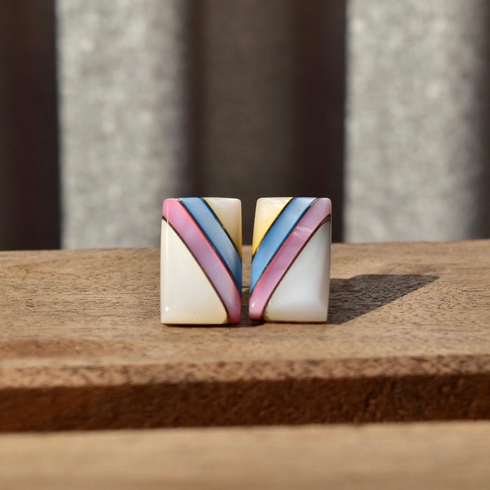 Iridescent Mother of Pearl Sterling Silver Stud Earrings, Striped Pink, Blue, Yellow Mother of Pearl Shell Inlay, Mexico 950, 21mm