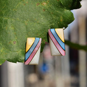 Iridescent Mother of Pearl Sterling Silver Stud Earrings, Striped Pink, Blue, Yellow Mother of Pearl Shell Inlay, Mexico 950, 21mm