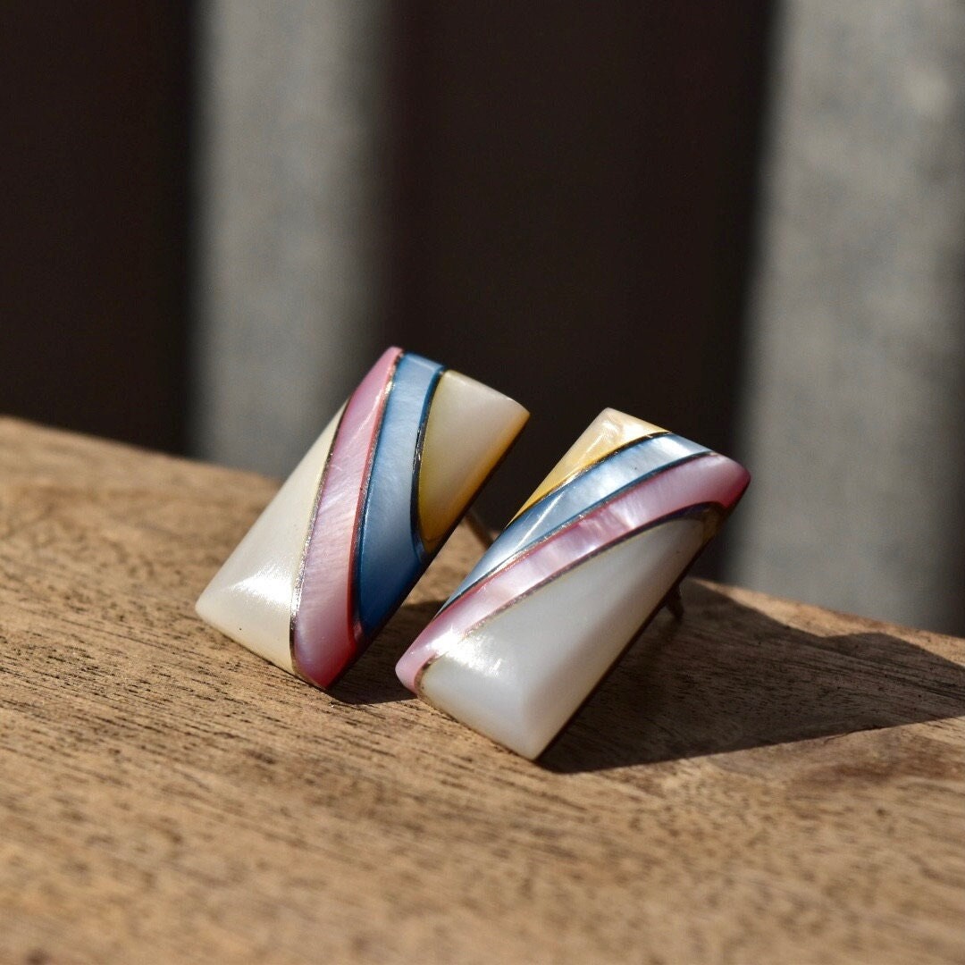 Iridescent Mother of Pearl Sterling Silver Stud Earrings, Striped Pink, Blue, Yellow Mother of Pearl Shell Inlay, Mexico 950, 21mm