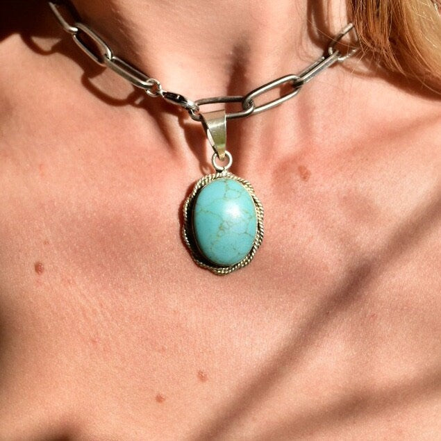 Vintage Mexican Sterling Silver Turquoise Cabochon Pendant, Ornate Silver Rope Detailing, Natural Blue Turquoise Stone, TAXCO Jewelry, 39mm
