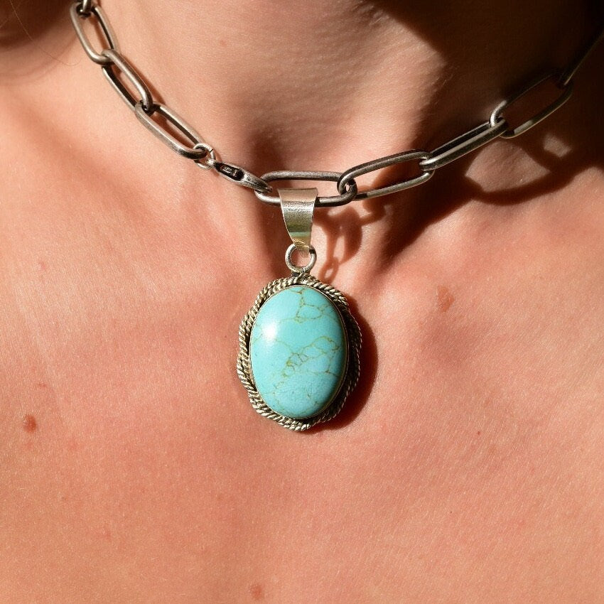 Vintage Mexican Sterling Silver Turquoise Cabochon Pendant, Ornate Silver Rope Detailing, Natural Blue Turquoise Stone, TAXCO Jewelry, 39mm