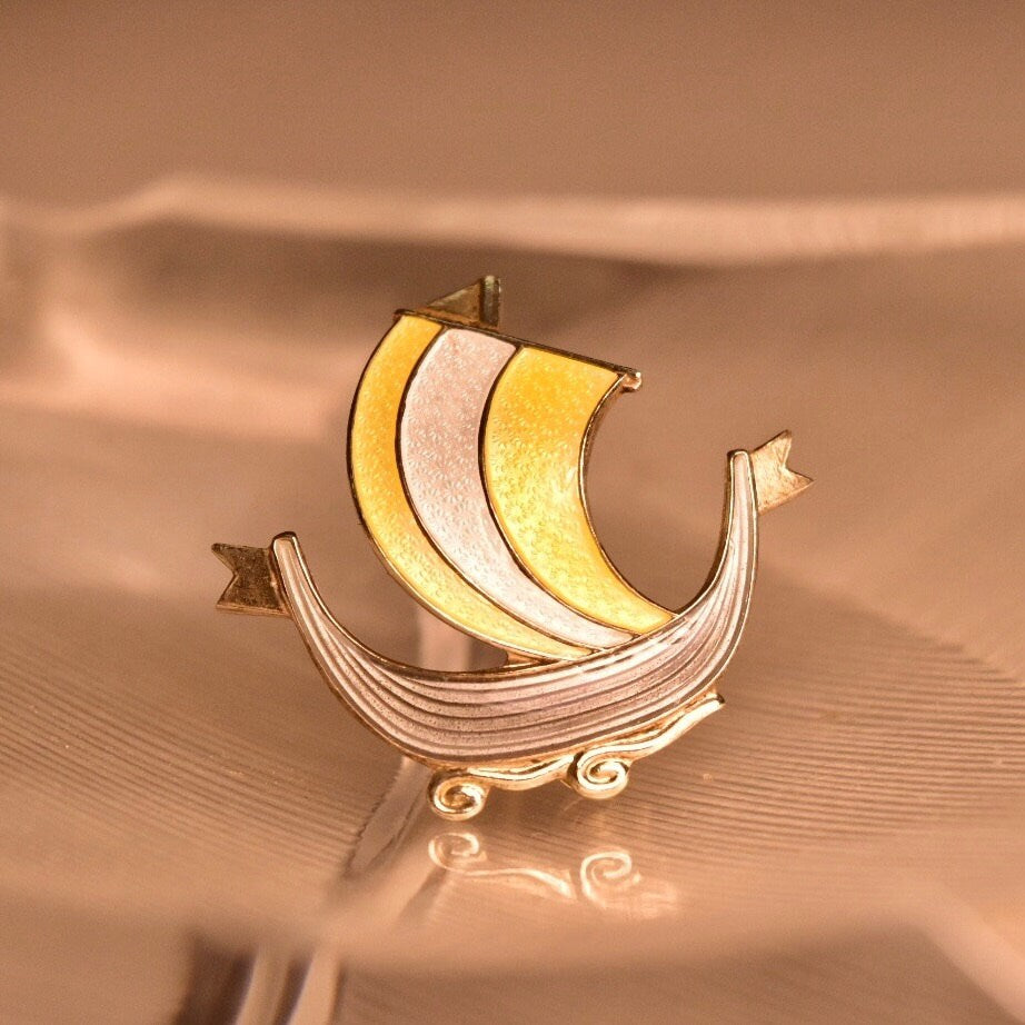 Vintage Aksel Holmsen Gilt Sterling Silver Guilloche Enamel Viking Ship Boat Pin Brooch, Norway Sterling 925 Jewelry, 36mm