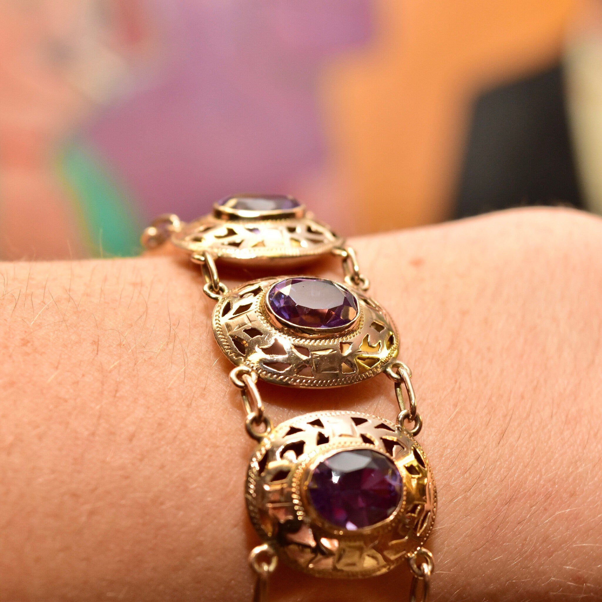 Art Deco 14K Gold Alexandrite Link Bracelet, Ornate Puffed Bezel Cup Links, Color-Changing Gemstones, Wide Link Bracelet, 6 1/2" L