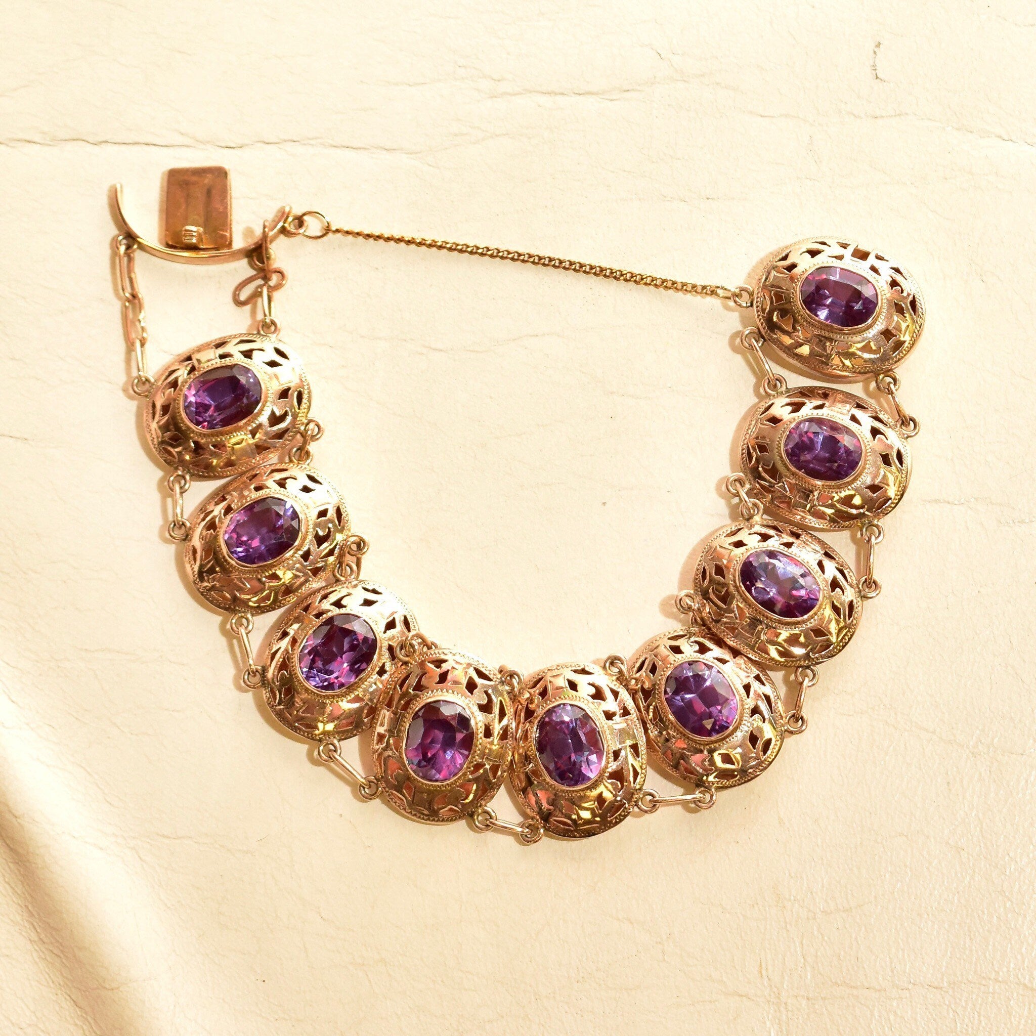Art Deco 14K Gold Alexandrite Link Bracelet, Ornate Puffed Bezel Cup Links, Color-Changing Gemstones, Wide Link Bracelet, 6 1/2" L