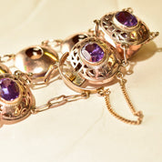 Art Deco 14K Gold Alexandrite Link Bracelet, Ornate Puffed Bezel Cup Links, Color-Changing Gemstones, Wide Link Bracelet, 6 1/2" L