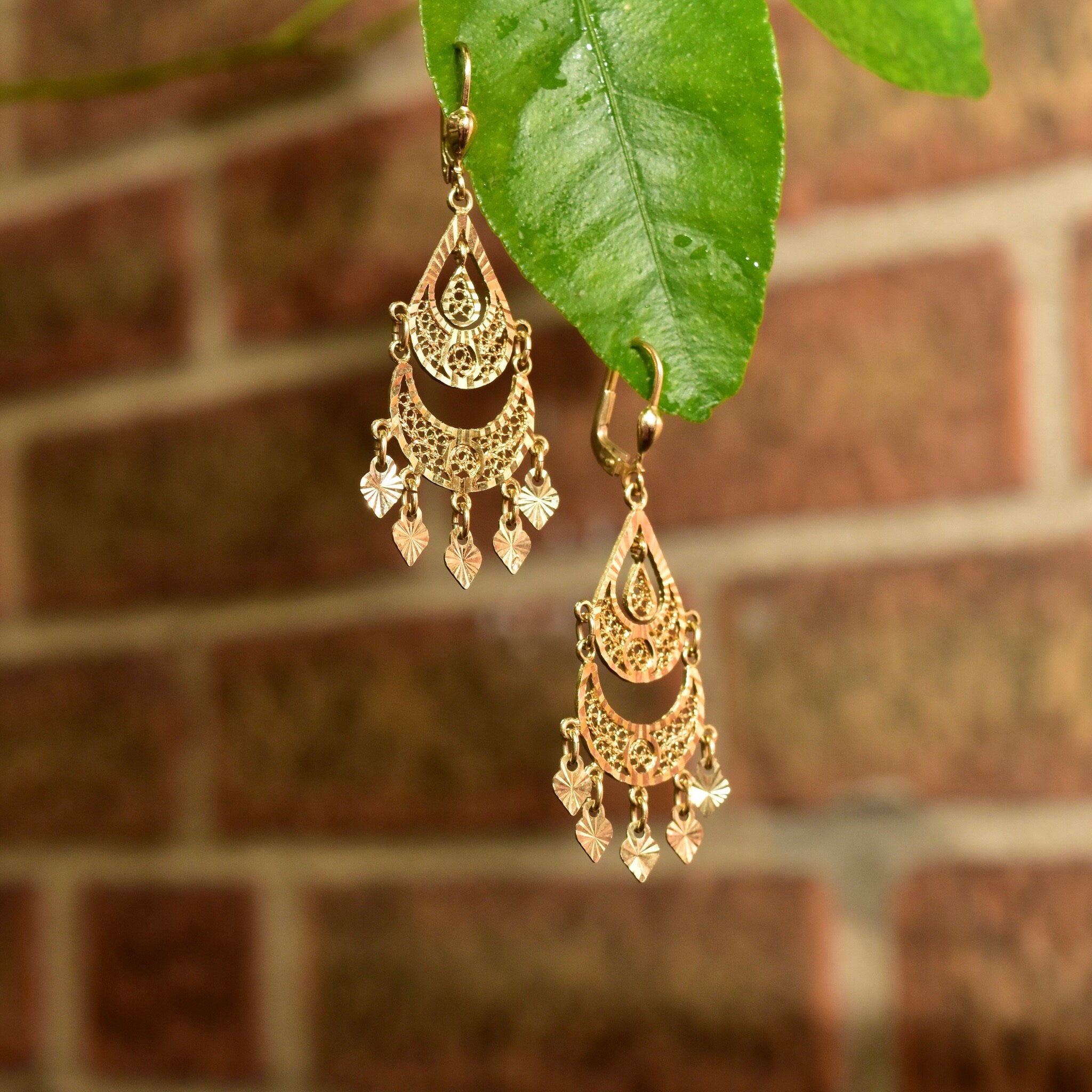 Vintage Turkish 14K Yellow Gold Filigree Chandelier Earrings, Ornate Diamond-Cut Teardrop Earrings, 585 Gold Lever Backs, 54mm