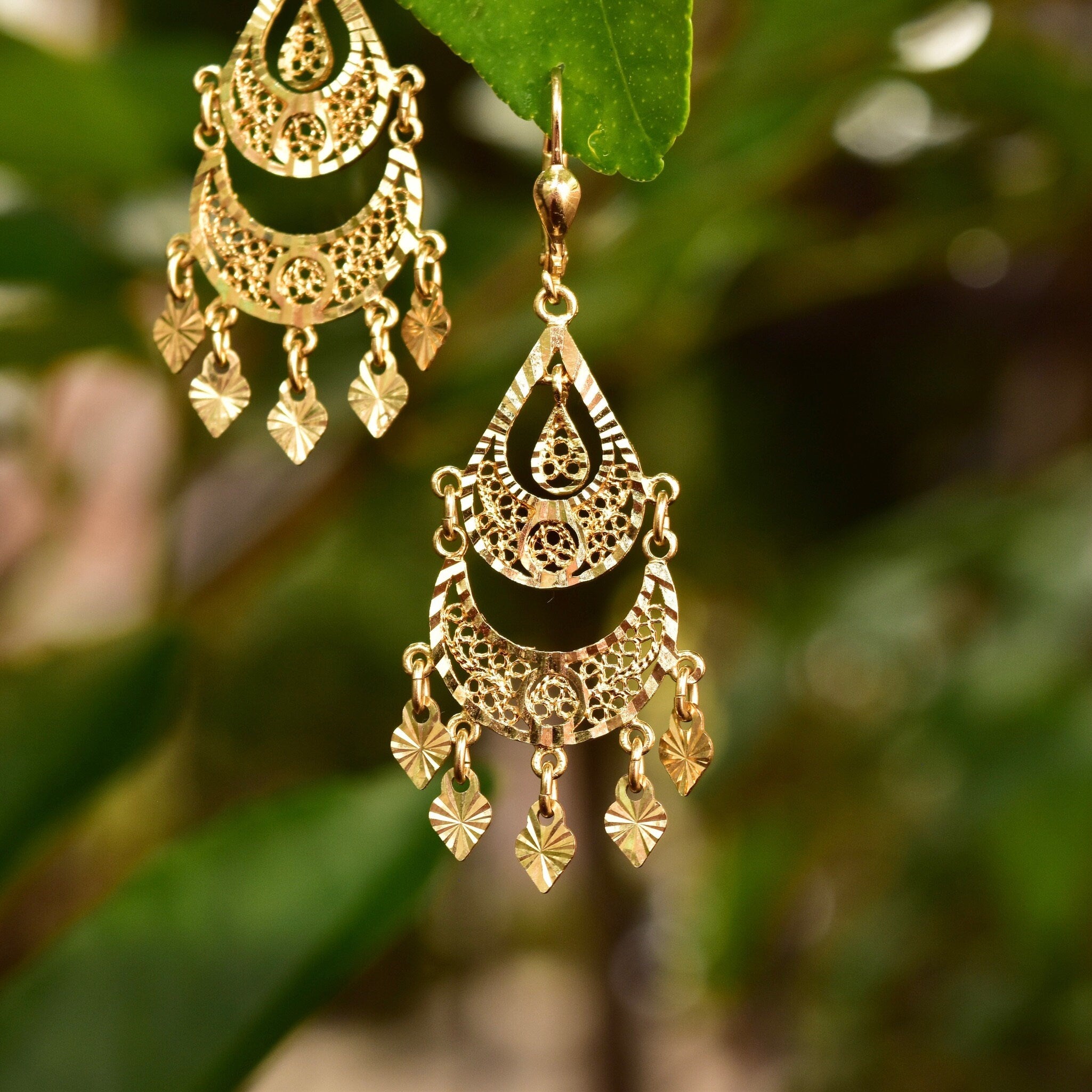 Vintage Turkish 14K Yellow Gold Filigree Chandelier Earrings, Ornate Diamond-Cut Teardrop Earrings, 585 Gold Lever Backs, 54mm